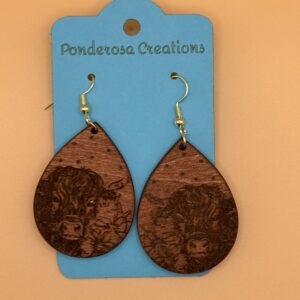 Lightweight Wood Engraved Highland Cow and Flowers Earrings